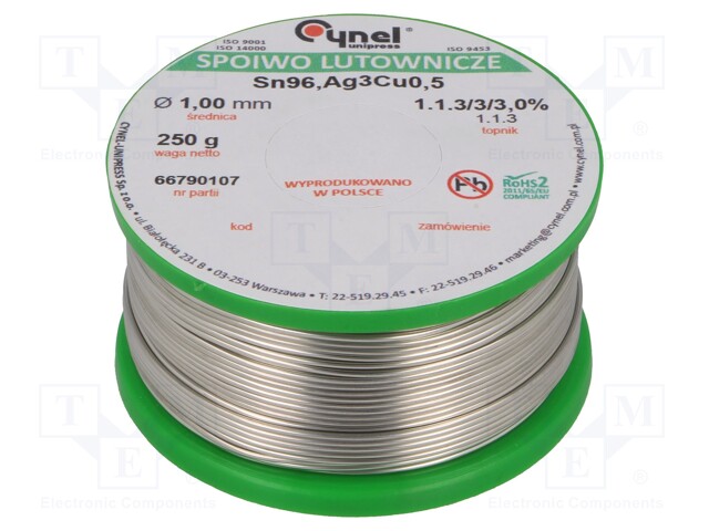 Soldering wire; Sn96,5Ag3Cu0,5; 1mm; 250g; lead free; 217÷219°C