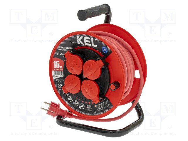 Extension lead; reel; Sockets: 4; rubber; red; 3x1,5mm2; 15m; 16A