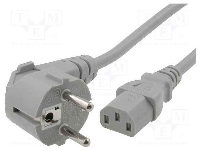 Cable; CEE 7/7 (E/F) plug angled,IEC C13 female; 4m; grey; PVC