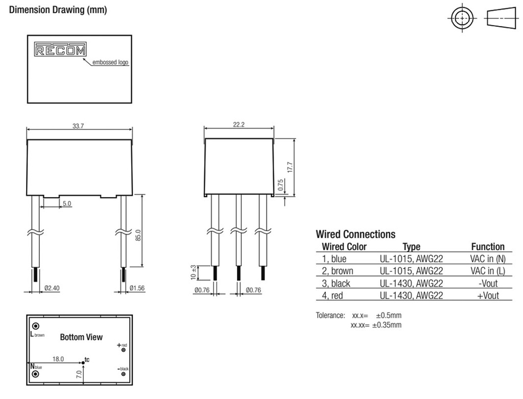 Converter: AC/DC; 2W; Uout: 5VDC; Iout: 400mA; 70%; Mounting: cables