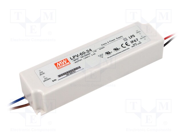 Power supply: switched-mode; LED; 60W; 24VDC; 2.5A; 90÷264VAC; IP67