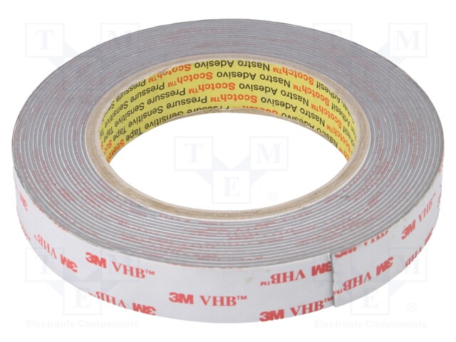 Tape: fixing; W: 19mm; L: 5.5m; Thk: 1.1mm; acrylic; grey; Tmax: 149°C