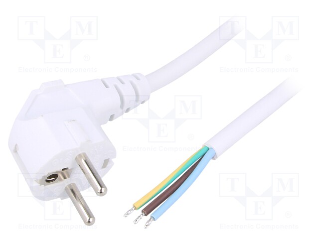 Cable; CEE 7/7 (E/F) plug angled,wires; 5m; white; PVC; 3x1,5mm2