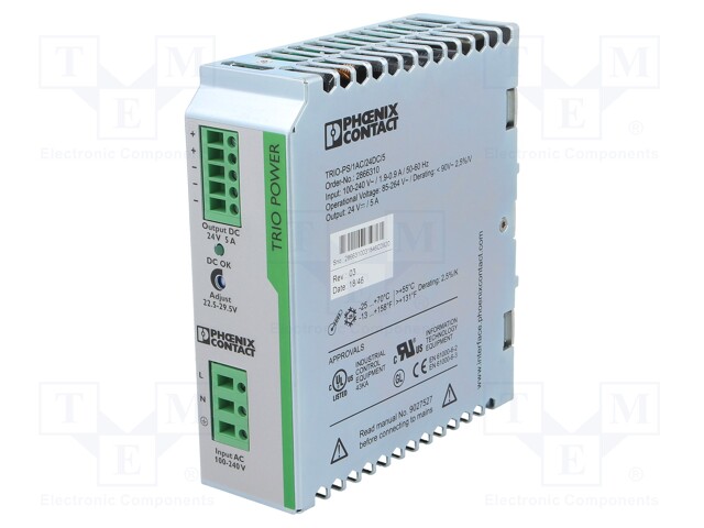 Power supply: switched-mode; for DIN rail; 120W; 24VDC; 5A; IP20