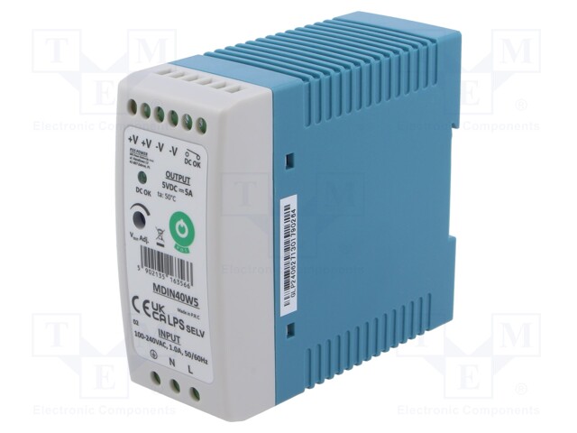 Power supply: switching; for DIN rail; 25W; 5VDC; 5A; 90÷264VAC