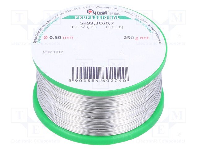 Soldering wire; Sn99,3Cu0,7; 0.5mm; 250g; lead free; Package: reel