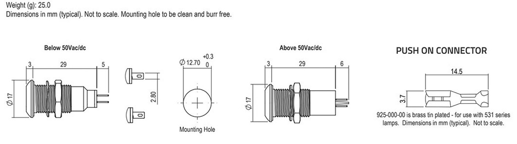 Indicator: LED; flat; 110VAC; Cutout: Ø12.7mm; IP67; brass