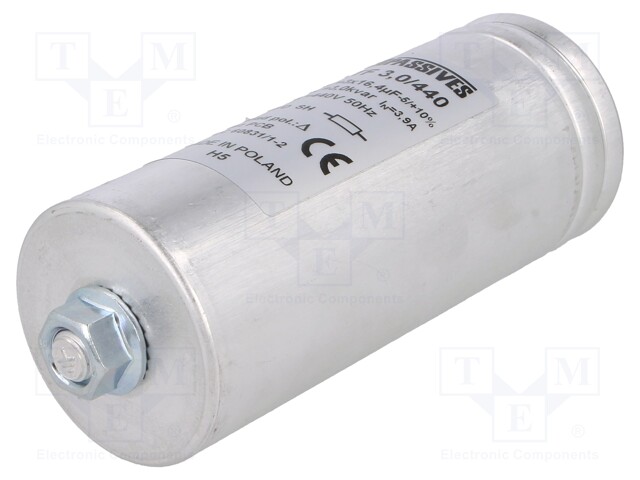 Capacitor: polypropylene; three phase; Q@50Hz: 3kVAR; 440VAC; 3.9A