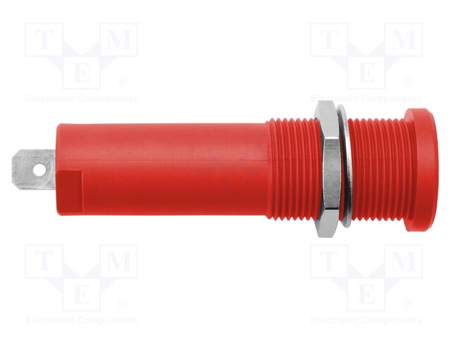 Socket; 4mm banana; 16A; 6000V; red; nickel plated; on panel