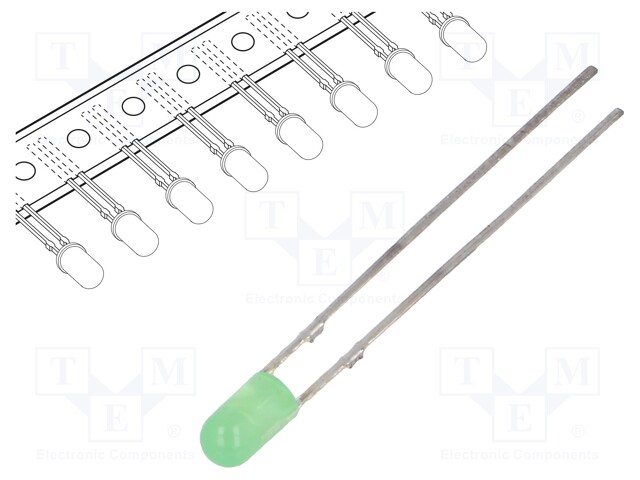 LED; 3mm; green; 10÷15mcd; 30°; Front: convex; without flange