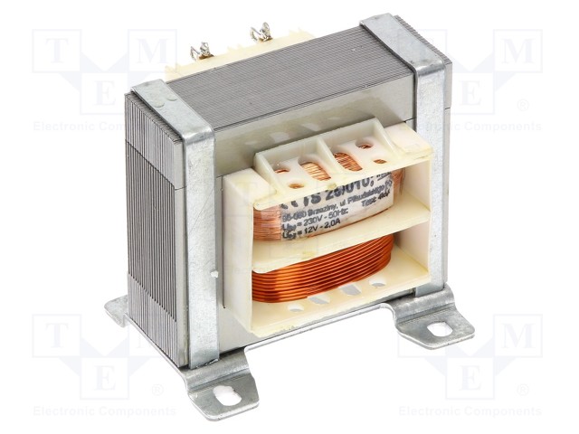 Transformer: mains; 25VA; 230VAC; 12V; 2A; Leads: solder lugs; IP00