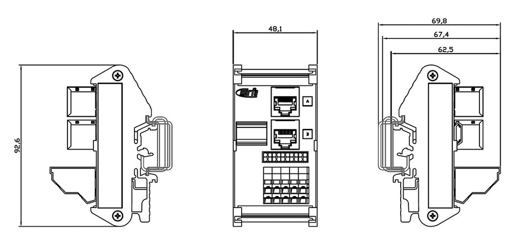 Transition module; RJ45 x2,snap-on; Temp: -20÷60°C; W: 49mm; 1A