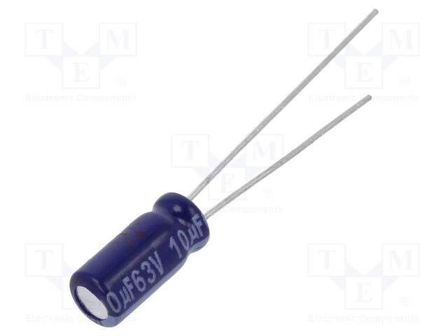 Capacitor: electrolytic; THT; 10uF; 63VDC; Ø5x11mm; Pitch: 2mm; ±20%