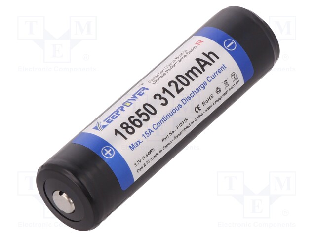 Re-battery: Li-Ion; 18650,MR18650; 3.7V; 3120mAh; Ø18.8x69mm; 15A