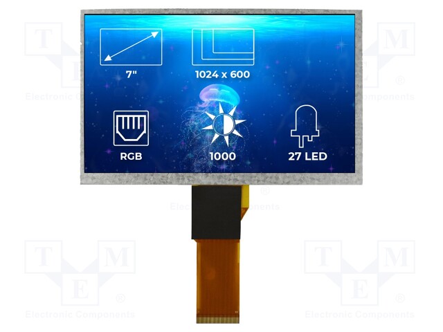 Display: TFT; 7"; 1024x600; Illumin: LED; Dim: 164.9x100x5.7mm