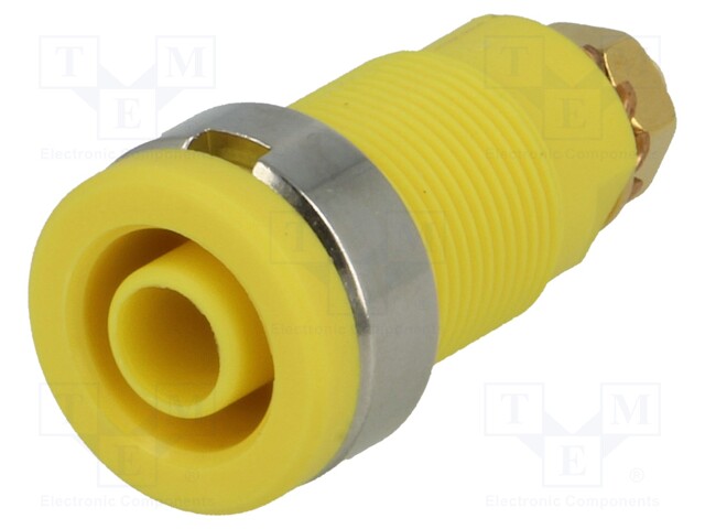 Socket; 4mm banana; 32A; yellow; gold-plated; screw,on panel; 32mm