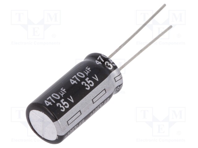 Capacitor: electrolytic; THT; 470uF; 35VDC; Ø10x20mm; Pitch: 5mm