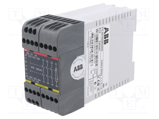 Safety Relay, 230 VAC, 3PST-NO, SPST-NC, RT6 Series, DIN Rail, 6 A, Screw