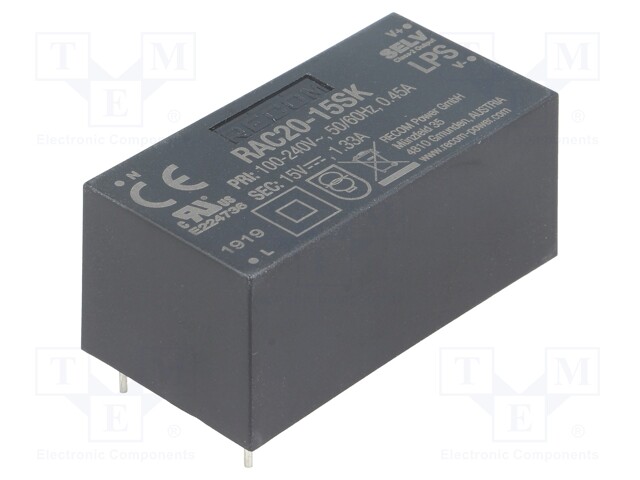 Converter: AC/DC; 20W; Uout: 15VDC; Iout: 1333mA; 86%; Mounting: PCB