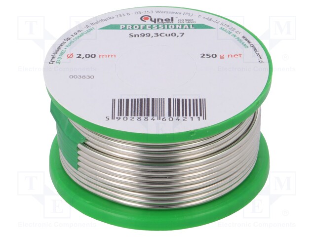 Solid,soldering wire; Sn99,3Cu0,7; 2mm; 250g; lead free; 227°C