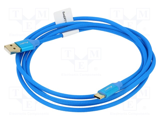 Cable; USB 2.0; USB A plug,USB C plug; gold-plated; 1.8m; blue