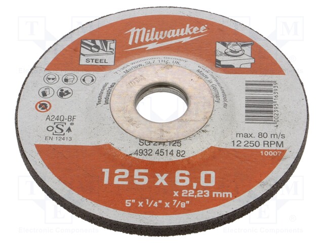 Grinding wheel; Ø: 125mm; Øhole: 22.2mm; Disc thick: 6mm; steel