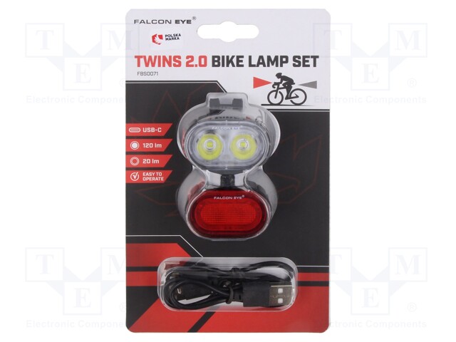 Torch: LED bike torch; 20lm,120lm; cable USB A plug-USB C plug