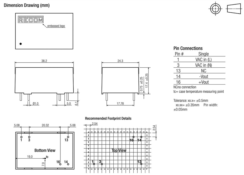 Converter: AC/DC; 3W; Uout: 3.3VDC; Iout: 900mA; 71%; Mounting: PCB