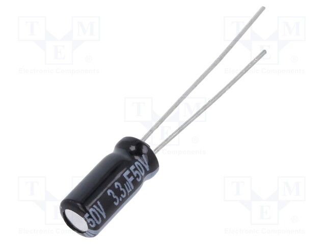 Capacitor: electrolytic; THT; 3.3uF; 50VDC; Ø5x11mm; Pitch: 2mm