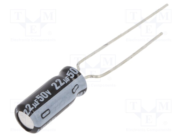 Capacitor: electrolytic; THT; 22uF; 50VDC; Ø5x11mm; Pitch: 2mm; ±20%