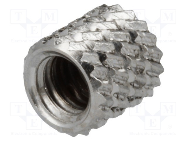 Threaded insert; brass; nickel; M4; L: 5.9mm; Features: for plastic