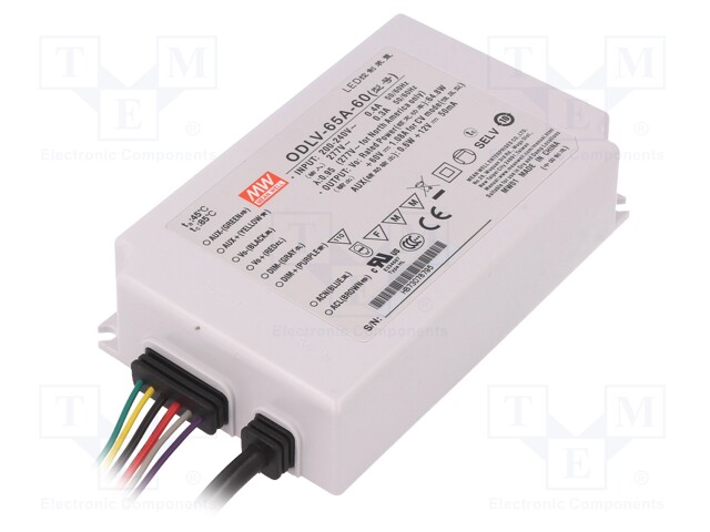 Power supply: switched-mode; LED; 65W; 60VDC; 1.08A; 180÷295VAC