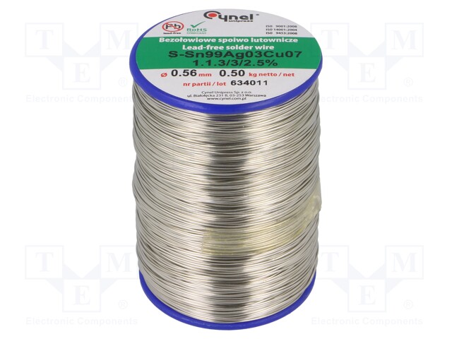 Soldering wire; Sn99Ag0,3Cu0,7; 560um; 500g; lead free; 216÷227°C