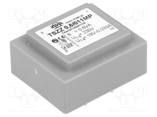 Transformer: encapsulated; 0.6VA; 230VAC; 18V; 0.033A; IP00; 70g