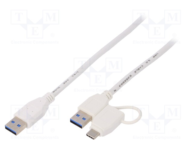 Cable; USB 3.0; USB A plug x2,USB C plug; 1m; white