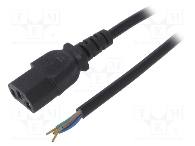 Cable; IEC C13 female,wires; 1.5m; black; PVC; 3G0,5mm2; 10A; 250V