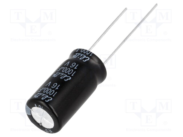 Capacitor: electrolytic; THT; 1000uF; 16VDC; Ø10x20mm; Pitch: 5mm