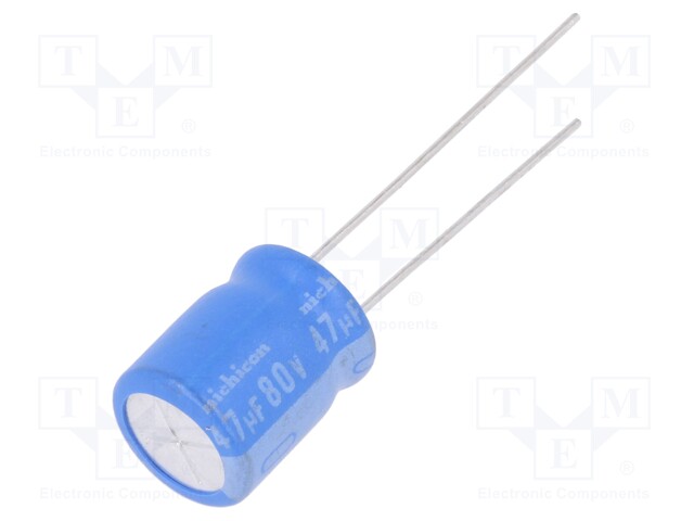 Capacitor: electrolytic; THT; 47uF; 80VDC; Ø10x12.5mm; Pitch: 5mm