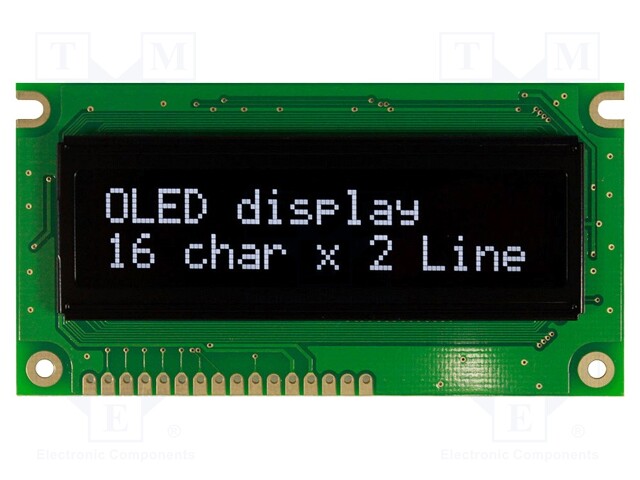 Display: OLED; alphanumeric; 16x2; Dim: 84x44x10mm; white; PIN: 16