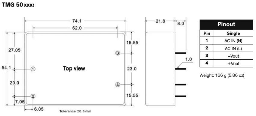 Converter: AC/DC; 50W; Uout: 48VDC; Iout: 1040mA; 89%; Mounting: PCB