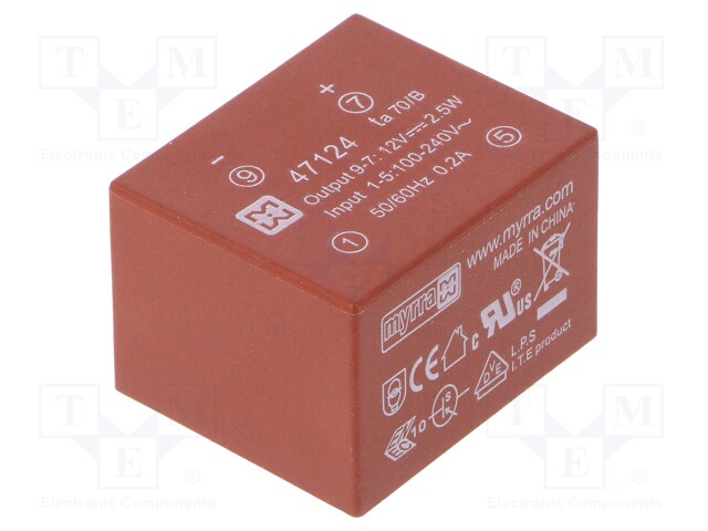 Converter: AC/DC; 2.5W; Uout: 12VDC; Iout: 210mA; 74%; Mounting: PCB
