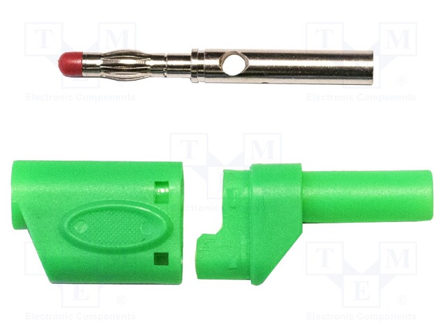 Plug; 4mm banana; 45A; 600VAC; green; Mounting: soldered