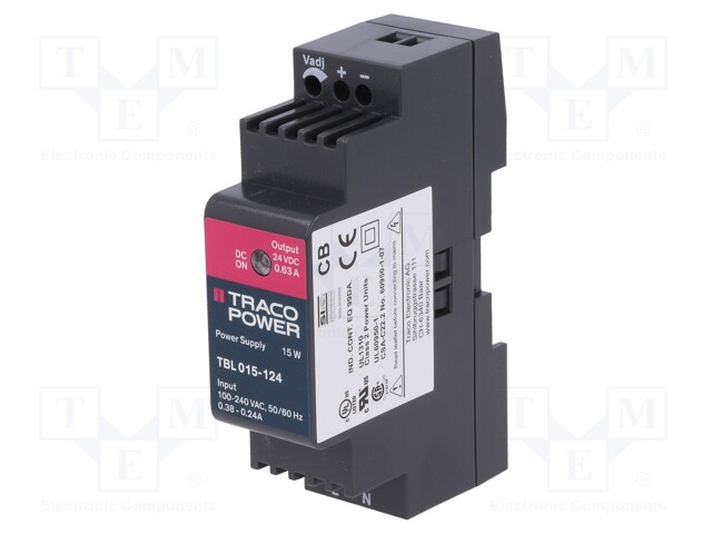 Power supply: switched-mode; 15W; 24VDC; 24÷28VDC; 0.63A; 100g