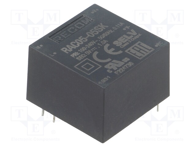 Converter: AC/DC; 5W; Uout: 5VDC; Iout: 1A; 80%; Mounting: PCB; 3000V