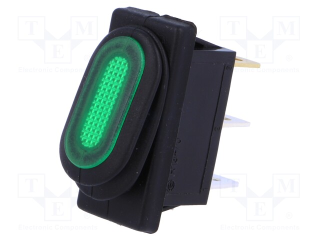 ROCKER; SPST; Pos: 2; OFF-ON; 10A/250VAC; green; IP65; neon lamp