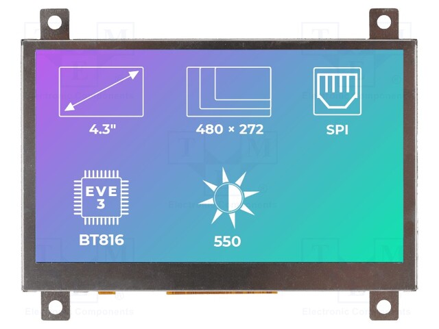 Display: TFT; 4.3"; 480x272; Illumin: LED; Dim: 106.3x68x6.85mm