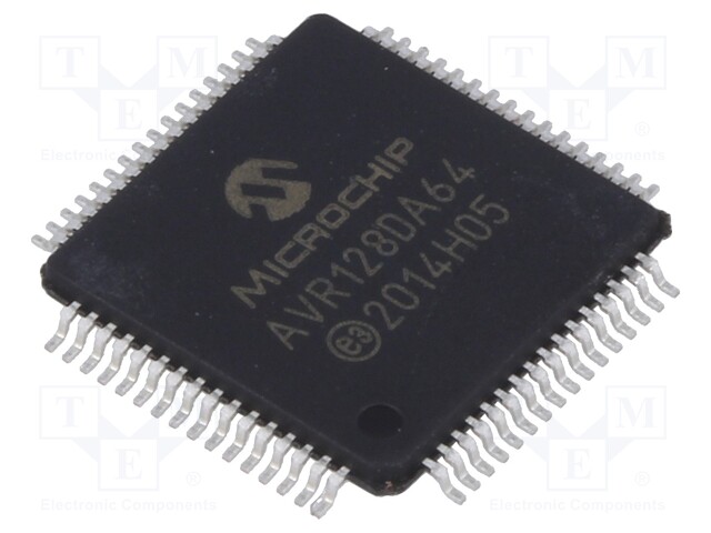 AVR microcontroller; EEPROM: 512B; SRAM: 16kB; Flash: 128kB; TQFP64