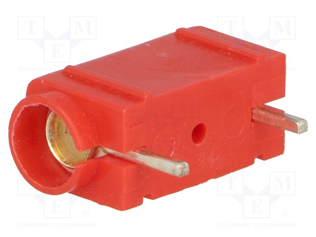 Socket; 4mm banana; 10A; 250VDC; red; silver plated; PCB; insulated