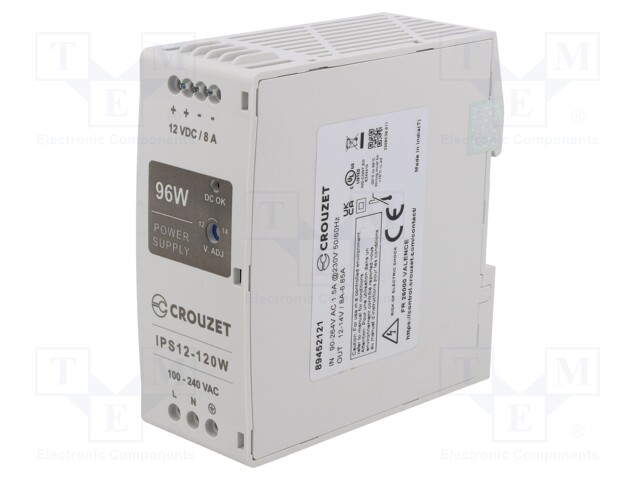 Power supply: switched-mode; for DIN rail; 96W; 12VDC; 8A; 350g