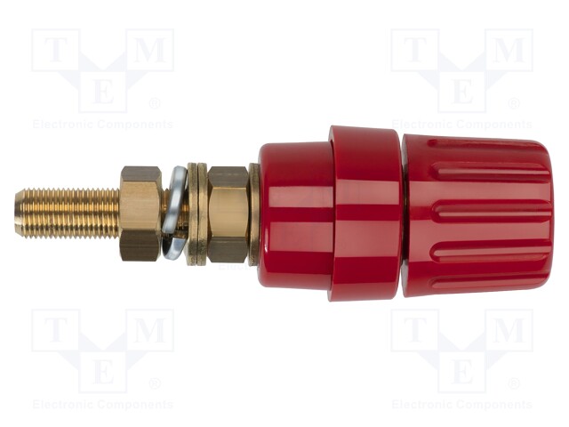 Socket; 4mm banana; 100A; red; screw,on panel; insulated; 81mm